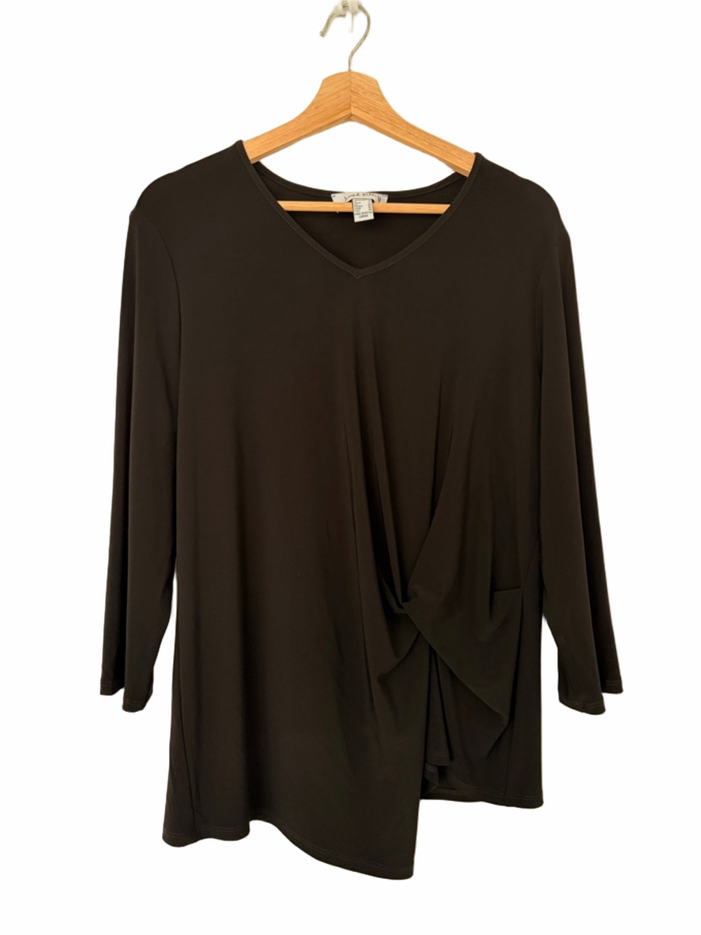 JOSEPH RIBKOFF BLACK STRETCH V-NECK TOP WITH FRONT TWIST DETAIL, SIZE 14